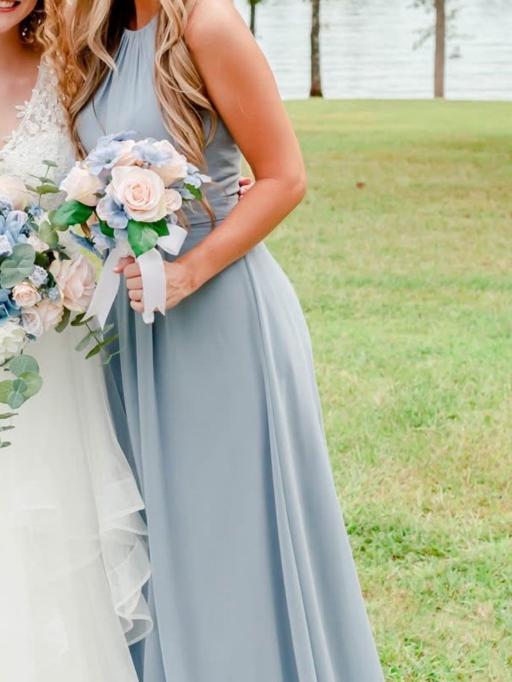 Azazie Bridesmaid Halter Maxi Dress in Dusty Blue